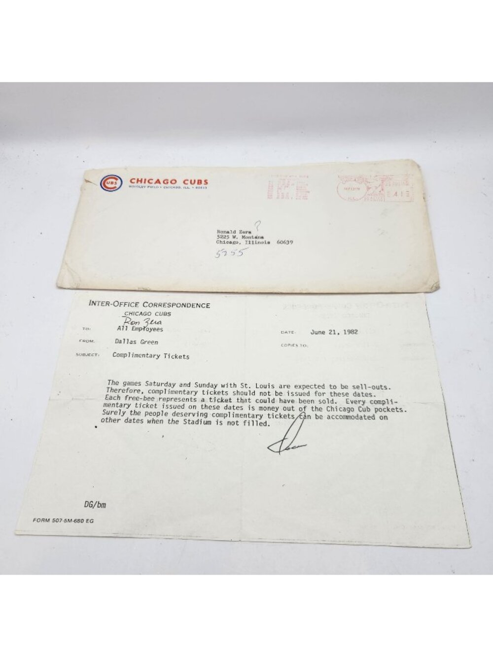 MLB Chicago Cubs 1982 Inter-Office Memo Envelope Signed AUTO Dallas Green 1982